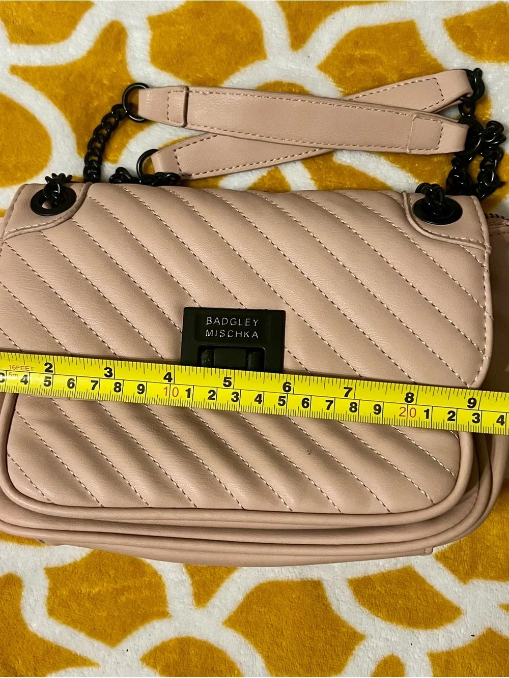 Badgley Mischka Pale Pink Quilted Leather Shoulder Bag with Chain Strap